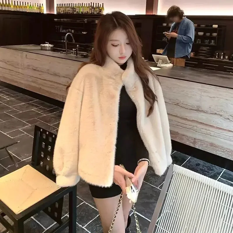 Spring Autumn Lady Short Leather Fur Outwear Women Fashion Stand Collar Mink Fur Top Female Long Sleeves Fox Jacket 251029