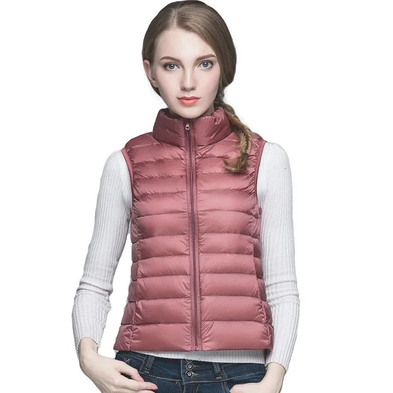 Red Collar Womens Lightthin Sleeveless Vest Jacket Fashion Short Female Vests Blue Khaki Green Black Waistcoat Asian Size 251027