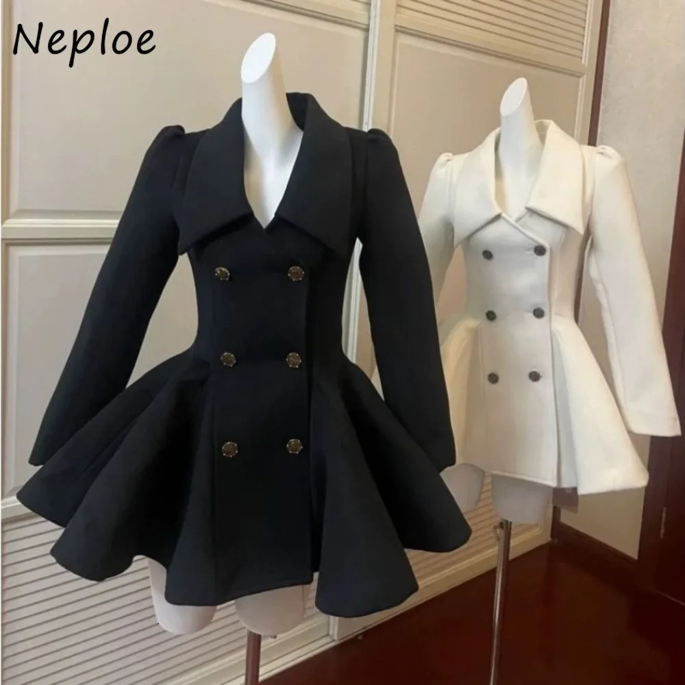 Neploe French Elegant Hepburn Slim Waist Coat Warm Big Swing High Street Advanced Blends Party Banquet Woolen Celebrity Outwears 251028