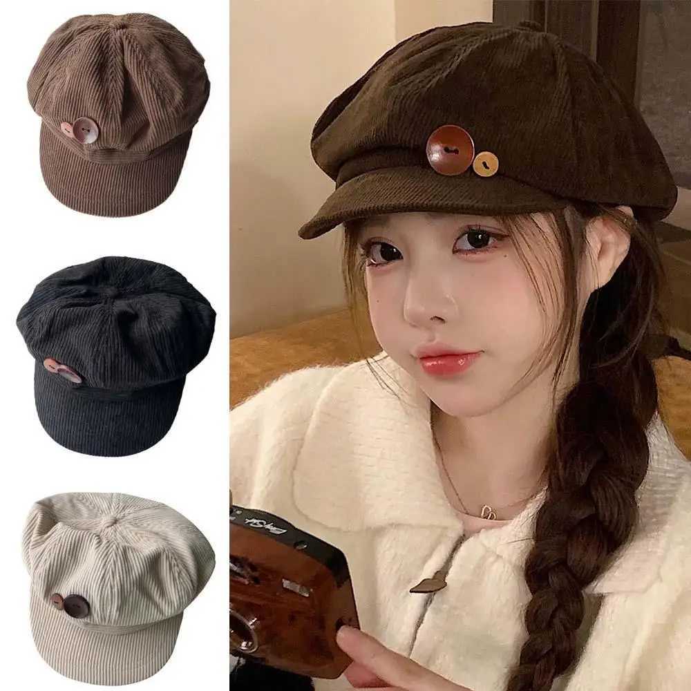 Brown Stripe Peaked Cap Fashion Outdoor Hat Double Button Decor Button Corduroy Item Useful Octagonal Cap Women Newsboy Hat