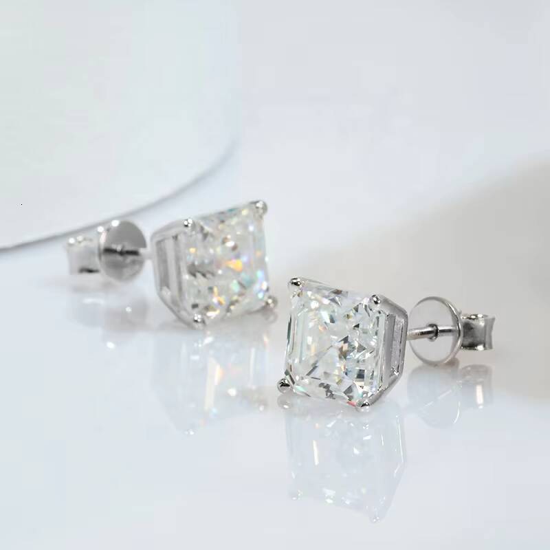Fine Women Jewelry Moissanite Earrings 925 Sterling Silver Gra Certified VVS 1ct 25 Carat Asscher Cut Moissanite Stud Earrings