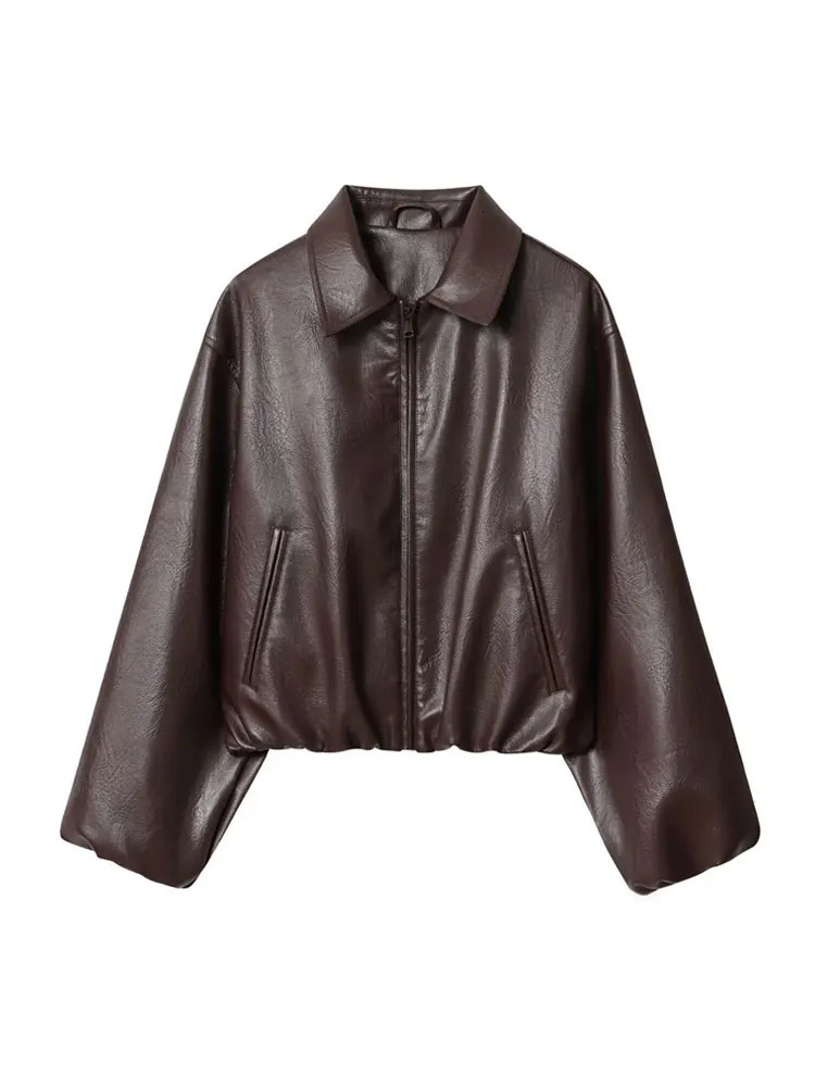 Womens Faux Leather Bomber Jacket Long Sleeve Chic Outerwear Elastic Hem Female Fashion Top 251029