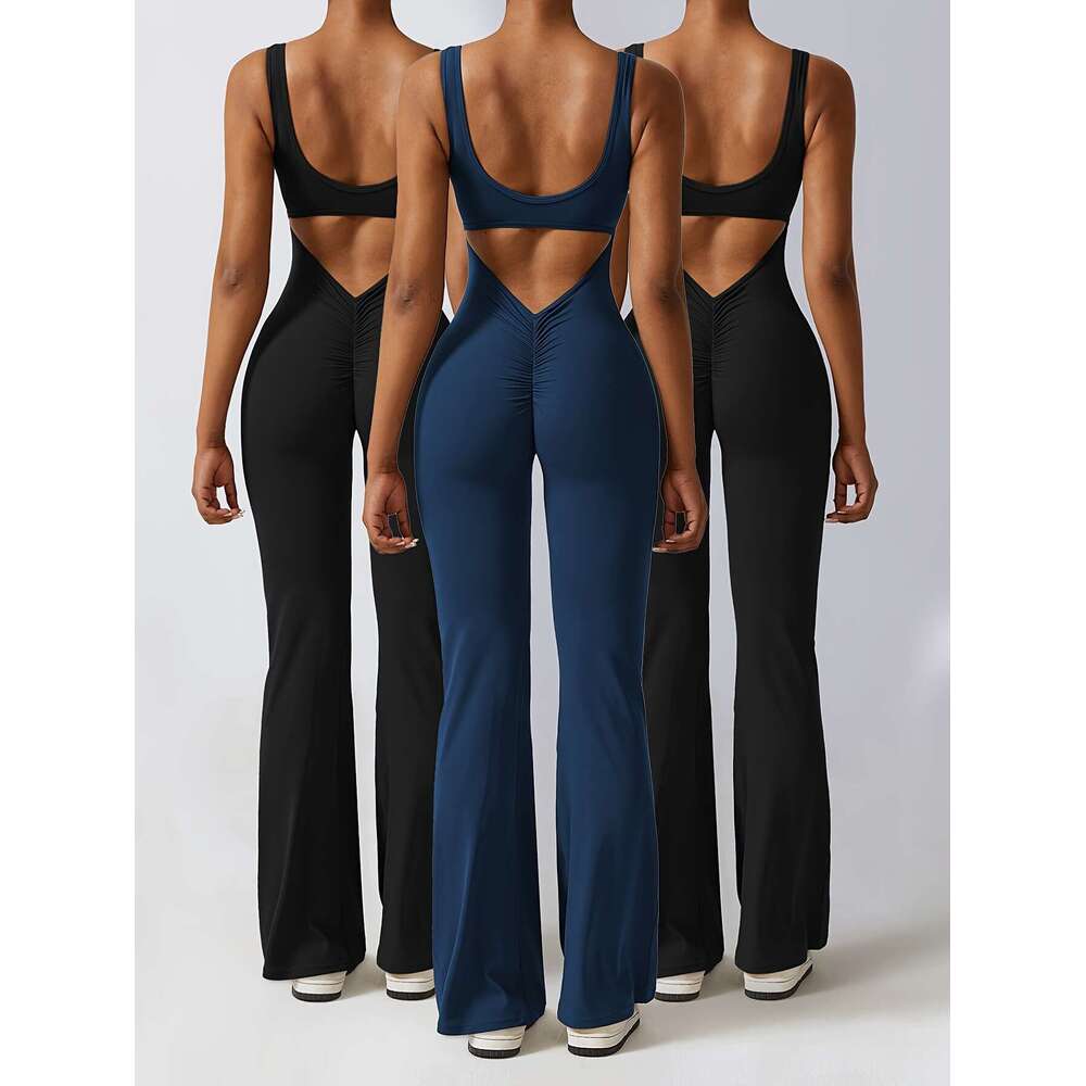 3Pcs Flattering Solid Color Cut-Out Backless Yoga Bodysuit Jumpsuit Women's Activewear With Chest Pad Flared Gym Pants - Comfortable And Breathab