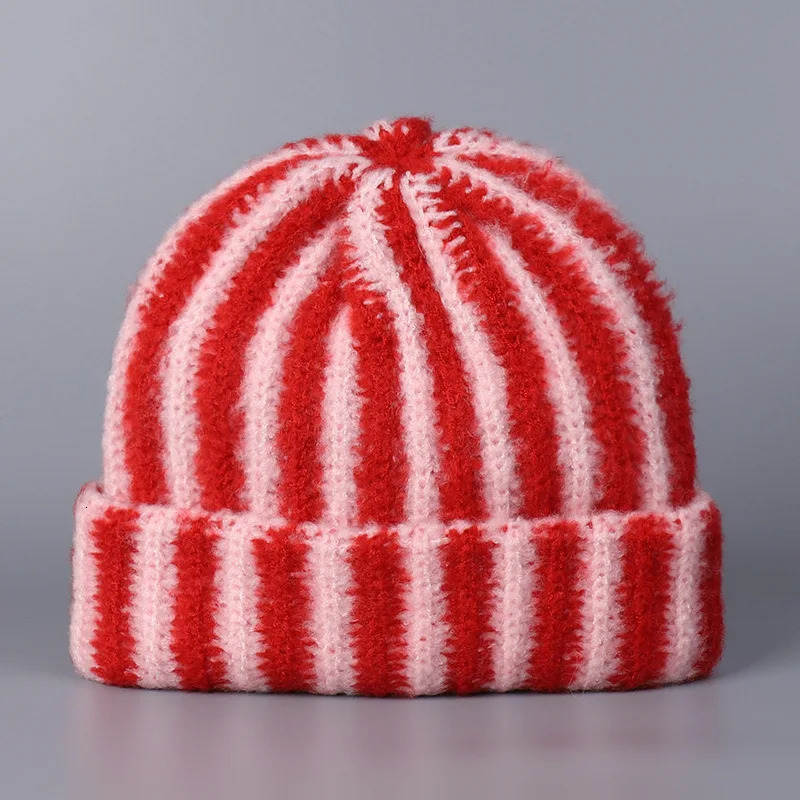 Korea 2025 Autumn and Winter Korean Feather Yarn Striped Wool Beanie Cap Women Showing Face Small Cold Knitted Cold Hat Men 251029