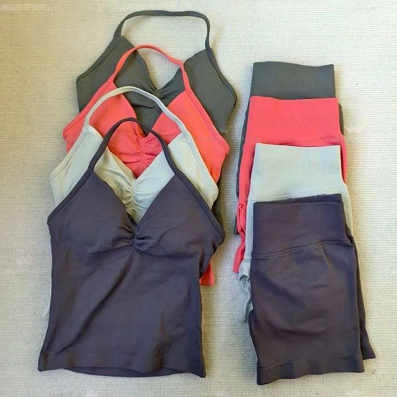 2Pcs Set Yoga Strappy VestShorts Women Resistance Training Seamless Padded Halter Tank Top Scrunch Butt Lifting Gym Shorts SetXJ251029