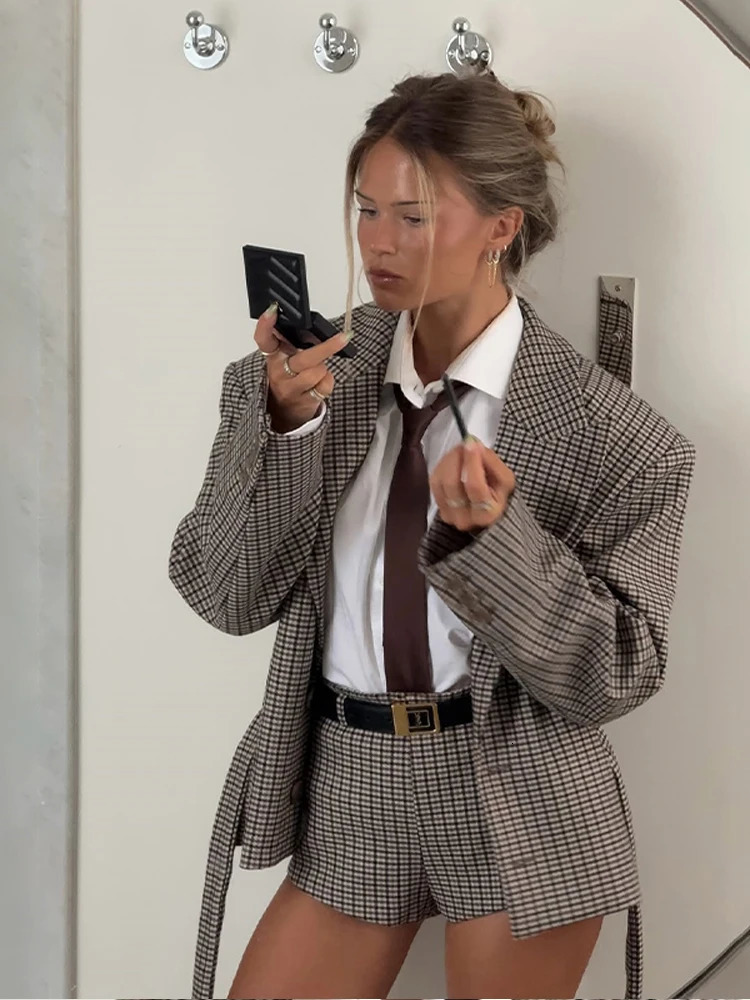 Women Retro Checked Lapel Jacket Shorts Set Long Sleeve Belted Buttons Pockets Blazer Suit Lady Commute Street Outfits 251029