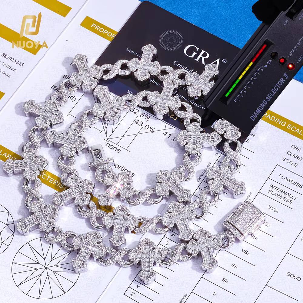 NUOYA 15mm 925 Silver Cross 8Character Infinite Chain VVS Moissanite Cuban Chain Rap Hip Hop Diamond Necklace Fine Jewelry