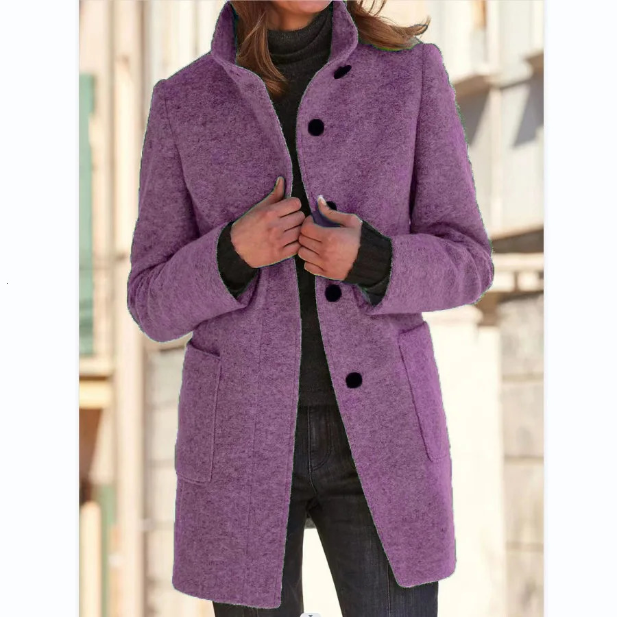 Autumn and Winter Retro Button Standup Collar Woolen Jacket Womens Clothing 251029