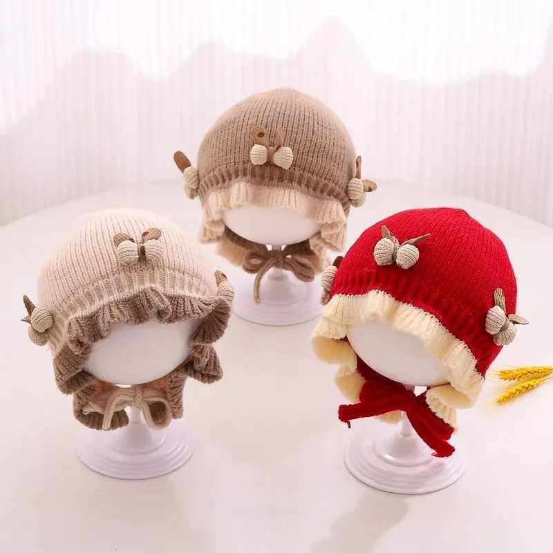 Korean Ruffle Baby Knitted Hat Winter Warm Toddler Ear Protection Cap Cute Solid Color Bow Kids Lacing Hats Bonnet251028