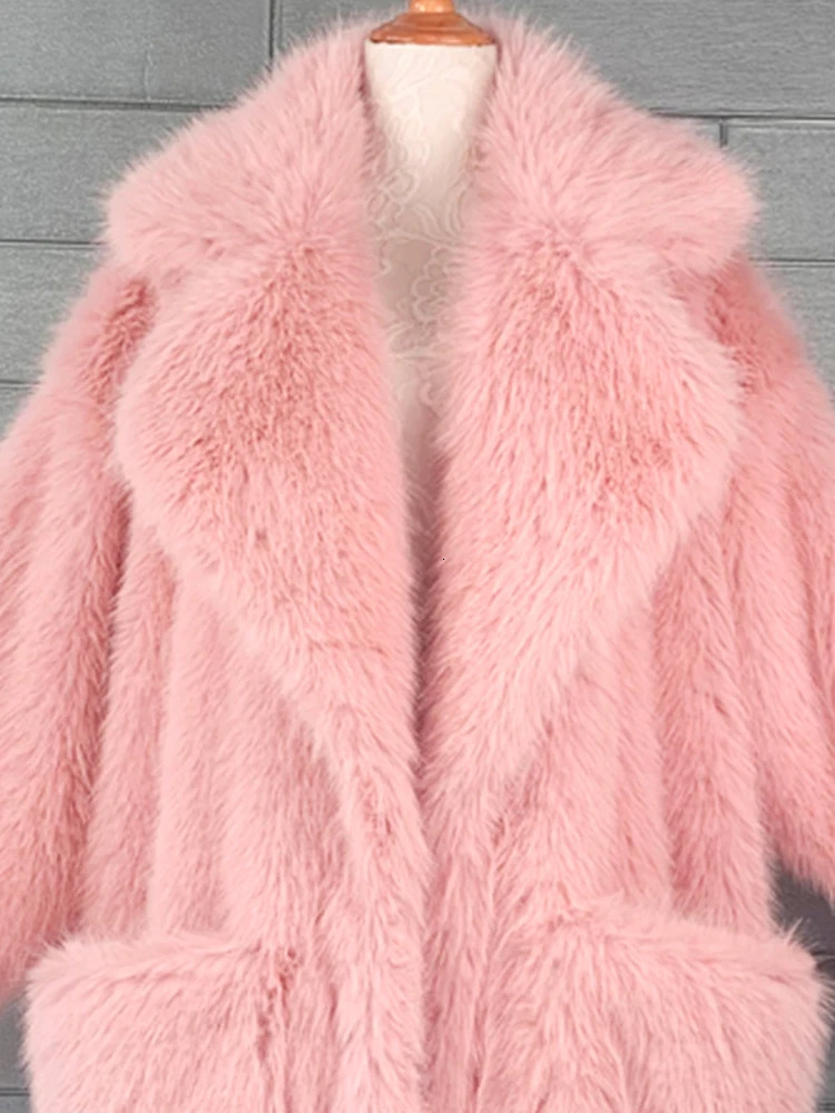 Lautaro Winter Long Oversized Pink Thick Warm Soft Shaggy Fluffy Faux Fur Coat Women Pockets Lapel Loose Sweet Cute Fashion 251029