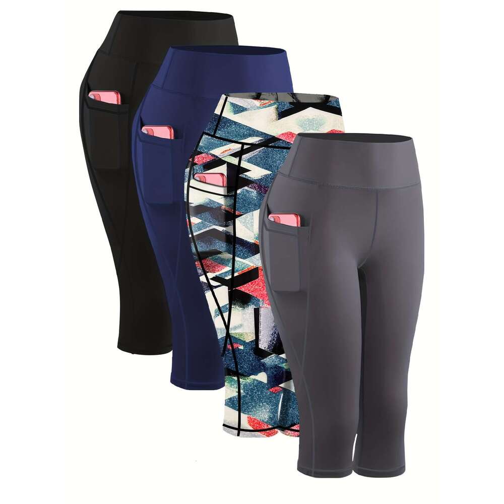 4Pcs Plus-Size Women's Capri Yoga Leggings - High-Waist, Stretchy Compression Fiess Pants With Side Pockets, Breathable Knit Fabric In Black, Nav