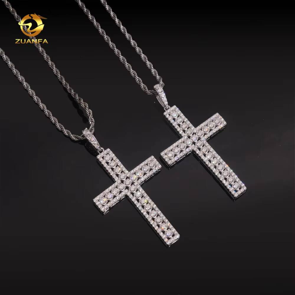 Fast Ship High Quality Moissanite Hip Hop Jewelry Cross Iced Out Pendant 925 Silver Moissanite Pendant With 316L Rope Chain