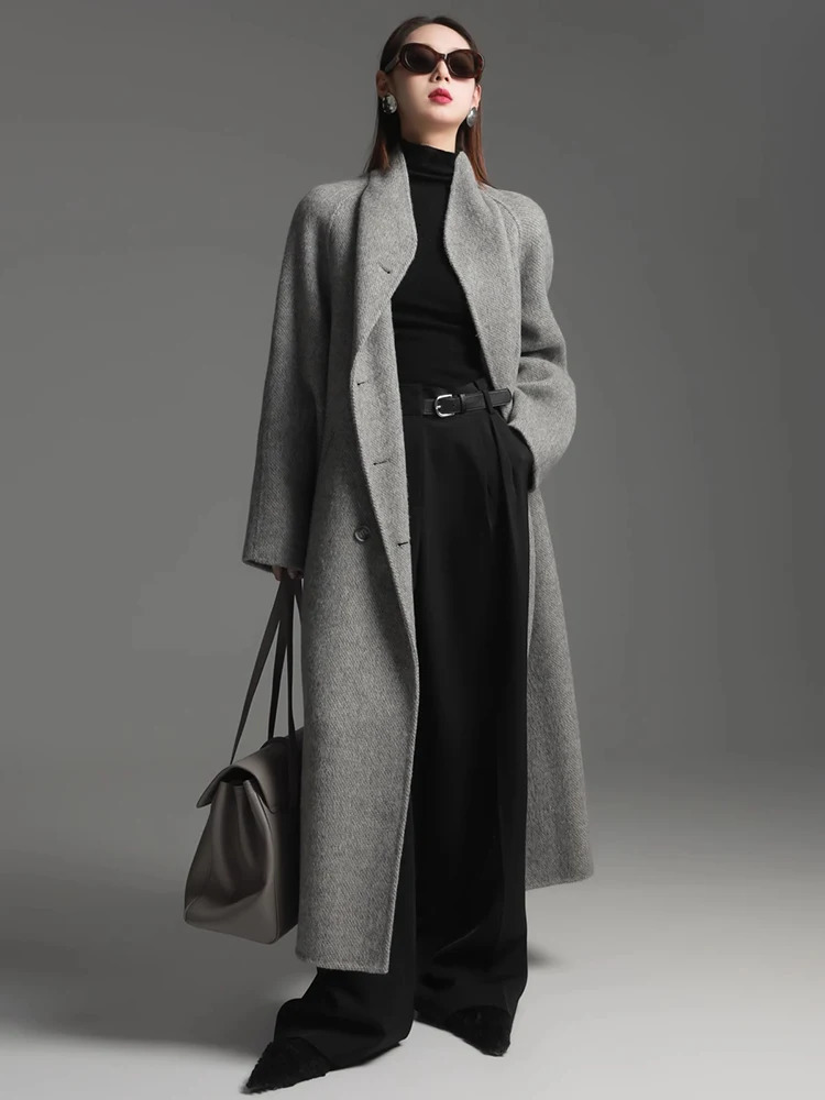 Womens Stand Collar Double Breasted Wool Coat Long Jacket Elegant Fashion Autumn Winter 251029