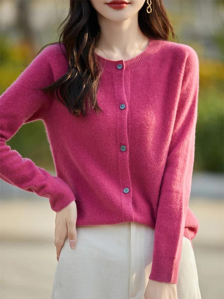Fashion Basic Women Merino Wool Sweater Cashmere Cardigan ONeck Knitwear Slim Solid Collar Clothing Tops 251029