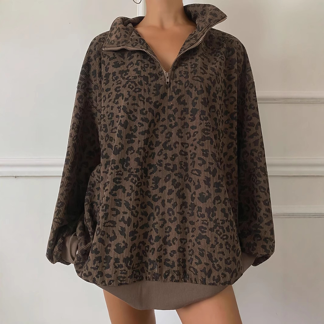 European and American designers retro leopard print stand up collar women's stand up collar jacket early autumn new loose medium sports shirt tre