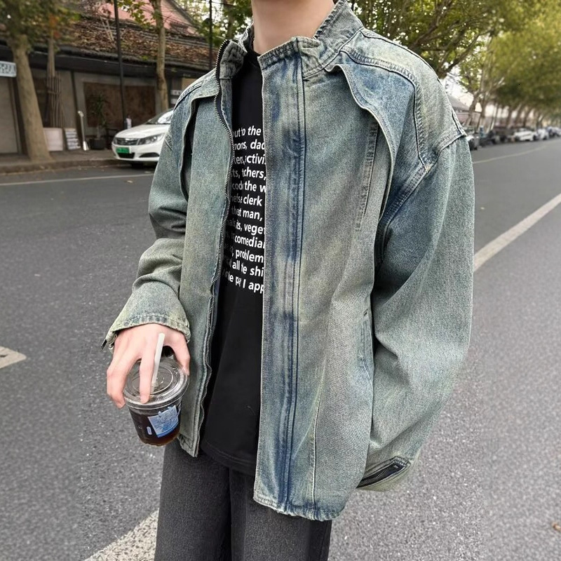 American Niche Deconstructed Washed Denim Jacket Men Spring Designer Jacket Autumn Trendy Brand High Street Oversized Loose Stand Collar Coat