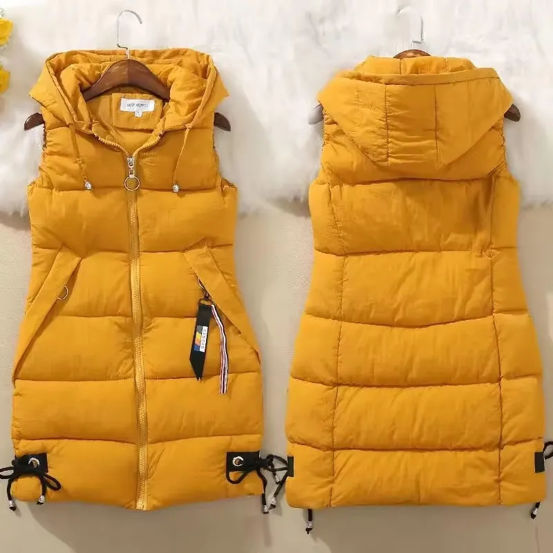 Autumn Winter Women Cotton Vest Jacket Midlength Puffer Sleeveless Parkas Coat Casual Pocket Hooded Waistcoat Female W 251027