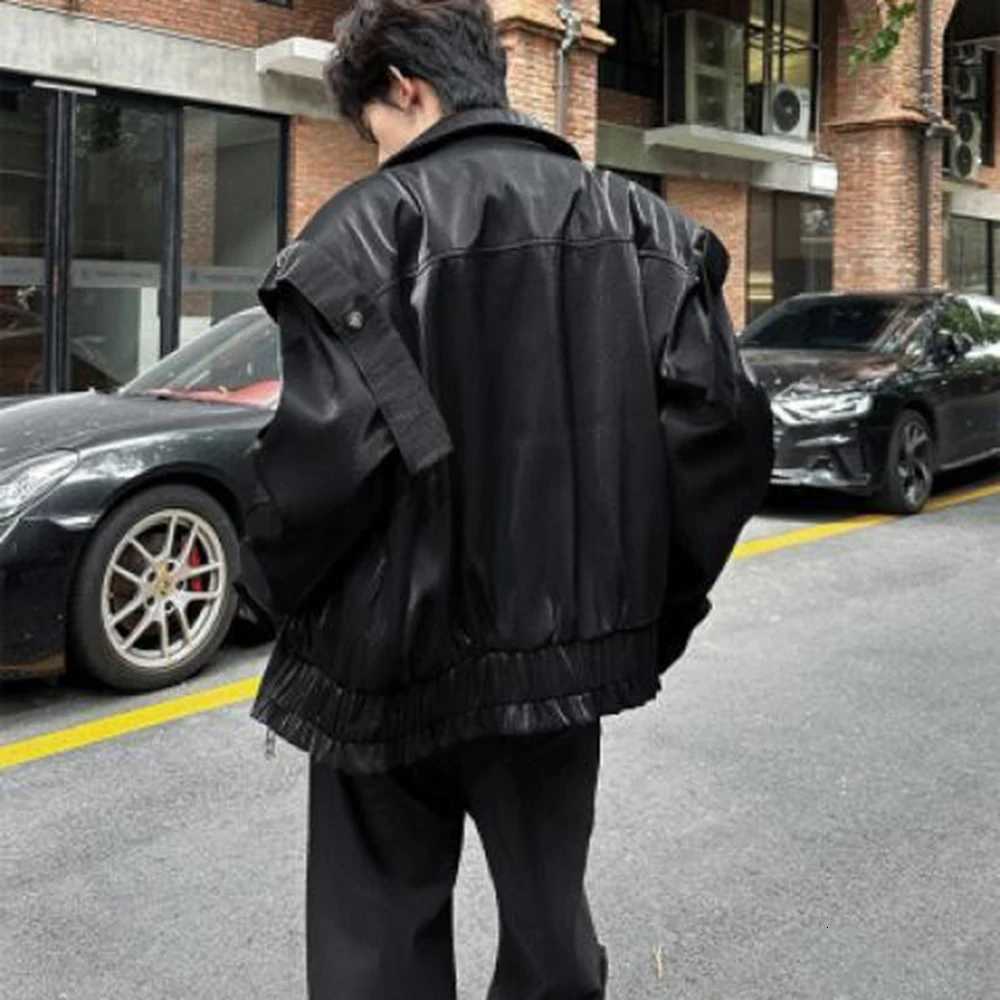 Mens Liquid Metal Shiny Shoulder Pad Biker Casual Jacket Autumn Streetwear Fashion Motorcycle Short Jacket MenS Clothing 2025T251029