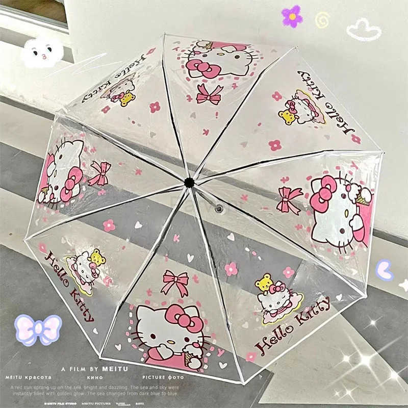 Sanrio Kawaii Hello Kitty Transparent Umbrella Anime Cartoon Sanrio Cinnamoroll Travel Portable Automatic Folding Umbrella Girl Gift L251029