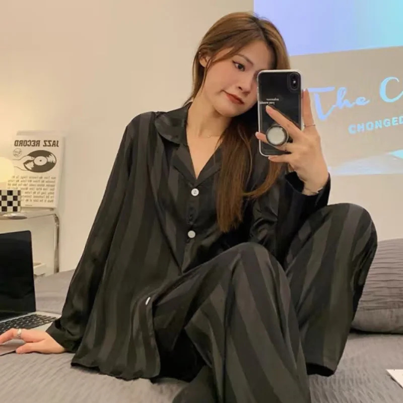 Pajamas Female Summer Ice Silk Girls Homewear LongSleeved Trousers Simulation Black Striped Plus Size Suit 251029