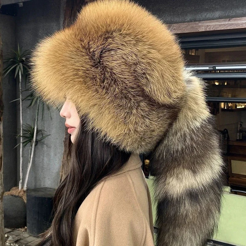 Winter Women Fashion Real Fur Hat Natural Fox Fur Hats Headgear Russian Outdoor Cap Ladies Thicken Warm Fur Caps 251029