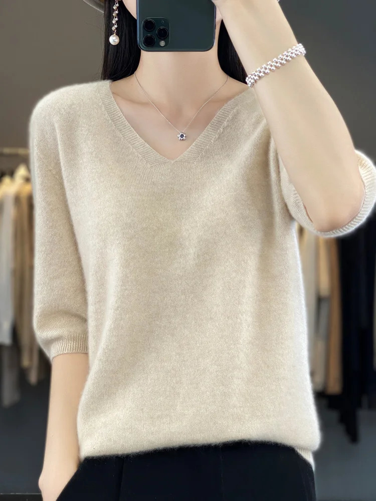 Women VNeck 100 Merino Wool Cashmere Tshirt HalfSleeve Pullover Sweater Spring Summer Knitwear Soft Fashion Comfortable Tops 251029