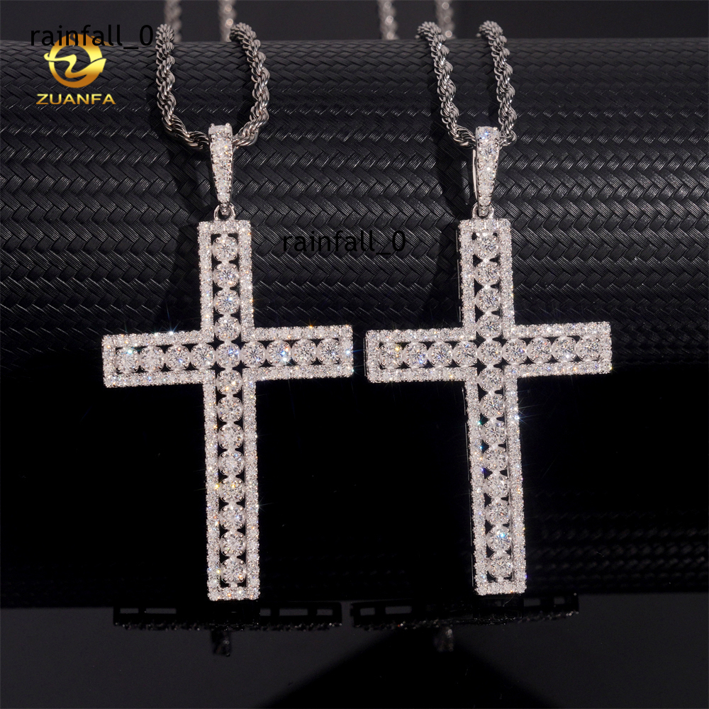 Fast Ship High Quality Moissanite Hip Hop Jewelry Cross Iced Out Pendant 925 Silver Moissanite Pendant With 316L Rope Chain