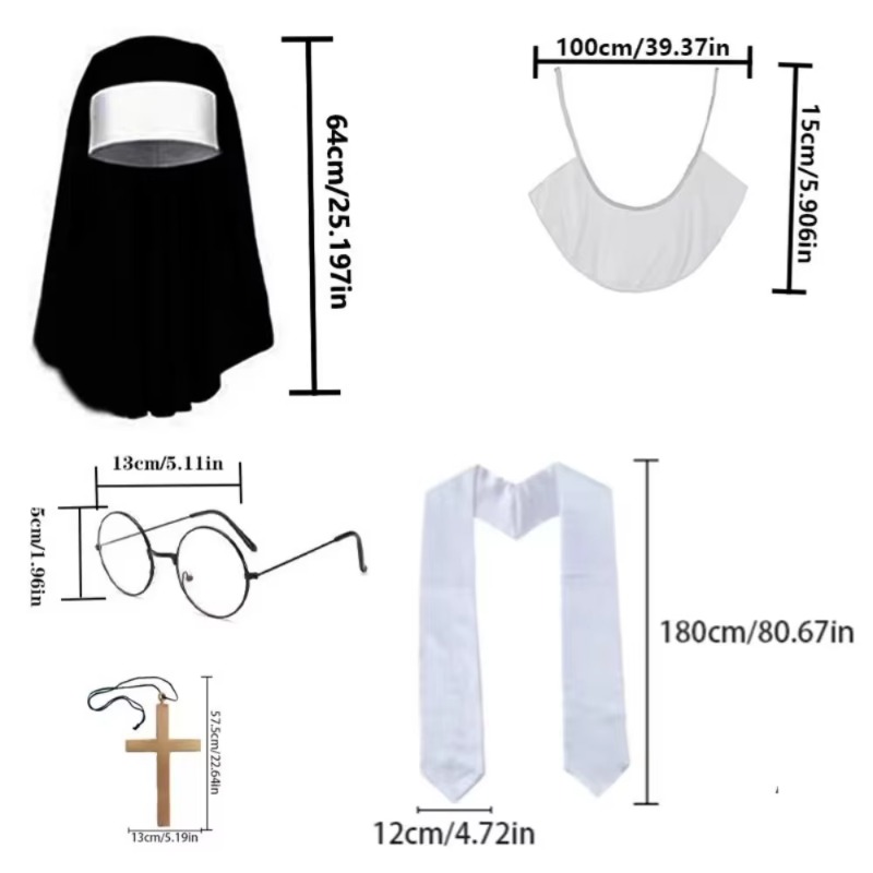 Five nun costume accessories: including a headscarf, collar, glasses, cross necklace, and a scarf prop combination for festival character costumes