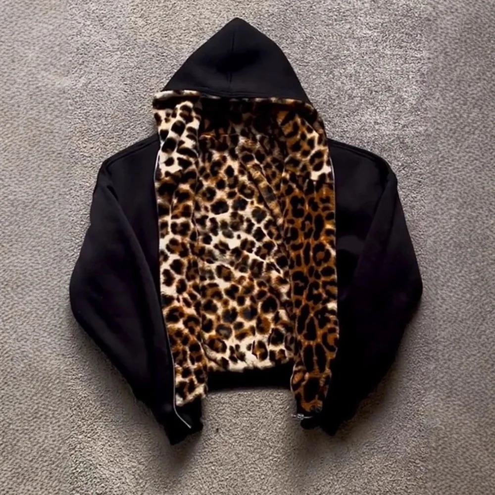 Autumn and Winter Fashion Retro Leopard Print Hooded Zipper Doublesided Sweatshirt Jacket 251029
