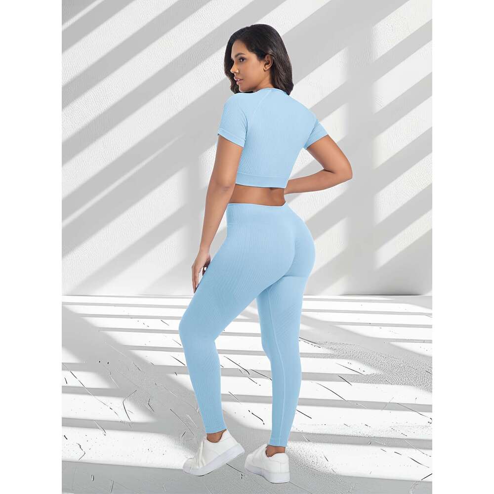 3 Sets Women's High-Waisted & Running Leggings Mid Neck Short Sleeve Workout Tops, Medium Stretch Solid Color Activewear For Gym, Training, Daily