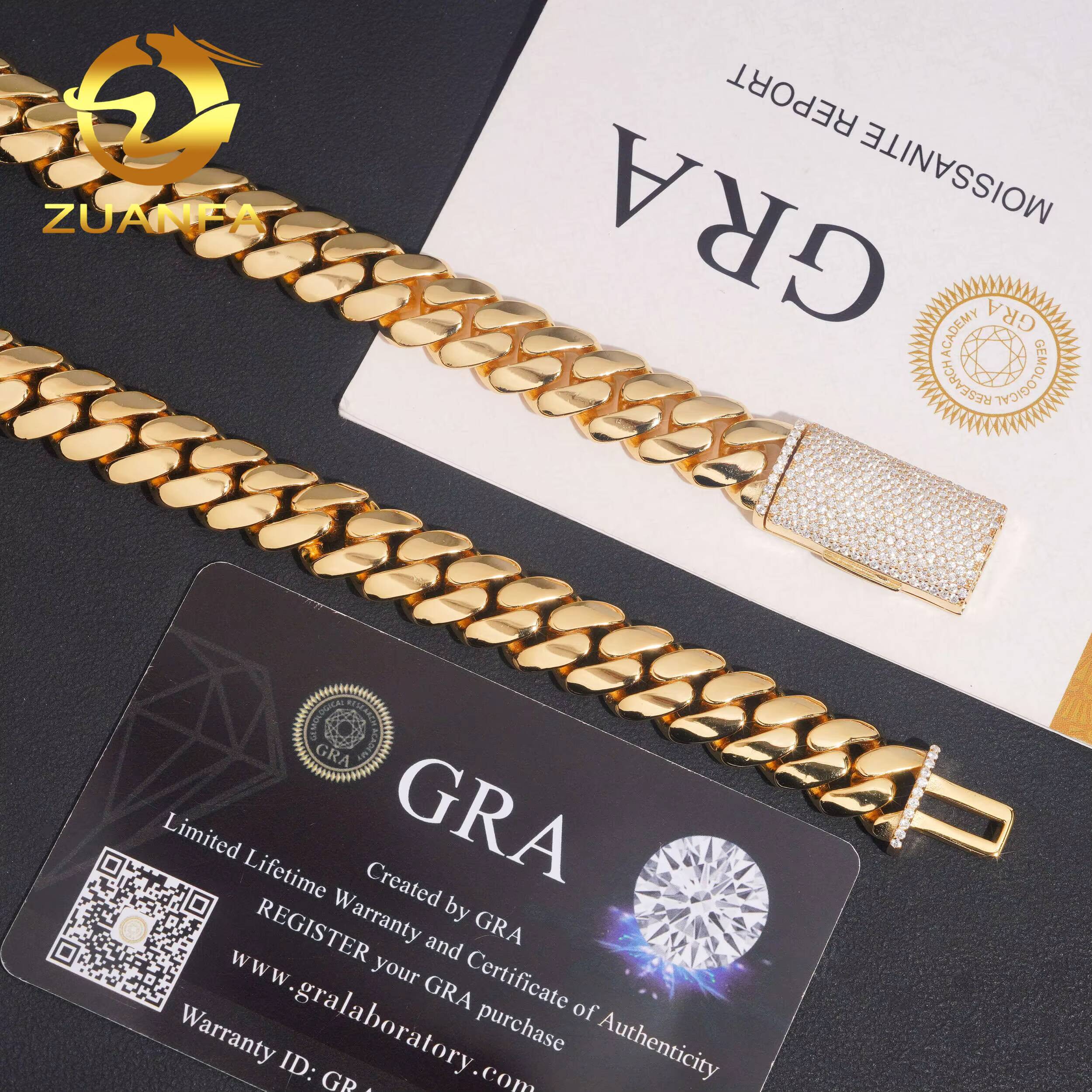 Real Gold Plated 12mm Moissanite Clasp Chain Cuban Links Plain Miami Chain Pass Diamond Tester 925 Cuban Link Chain Necklace