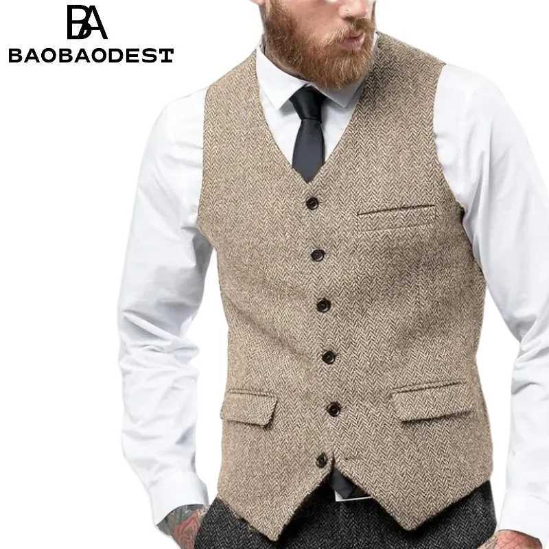 Mens Vintage Herringbone Vest Slim Fit Wool Tweed Waistcoat for PromWedding Classic Retro Style Herringbone Weave W251029