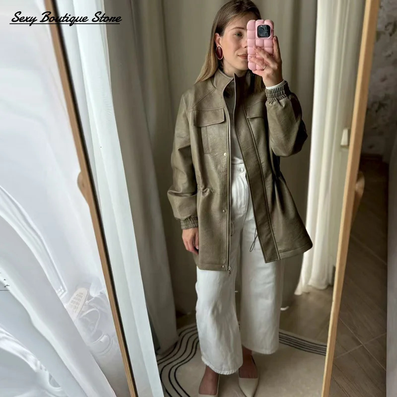 Autumn Winter Pu Leather Jacket For Women Solid Full Sleeve Elastic Adjustable Waist Coat 2025 Lady Fashion Casual Outwears 251029
