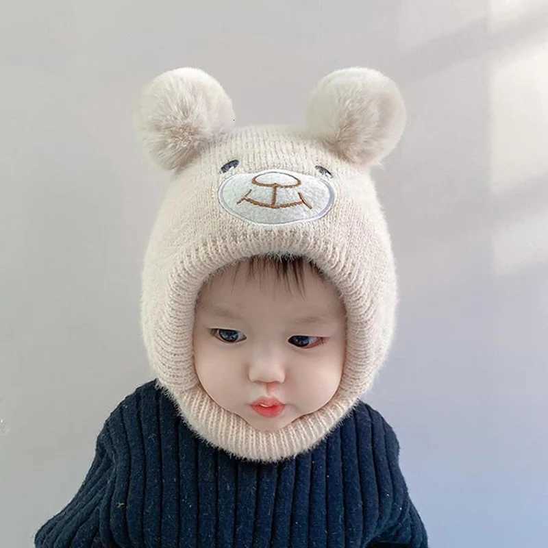 Pompom Baby Ear Protection Cap Cute Bear Kids Hooded Beanies 636Month Winter Warm Woolen Knitted Hat Children Neck Collar Scarf251028