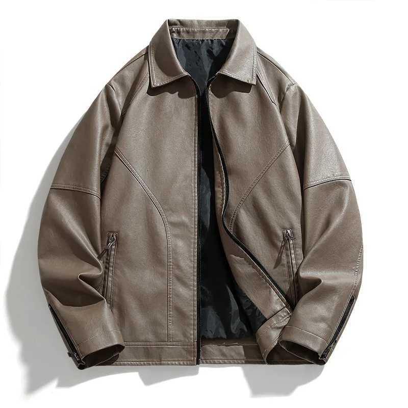 New Autumn Men Leather Coat Vintage Turn Down Collar Men Bomber Jacket Loose Long Sleeves Zipper Pocket Outerwear For MaleT251029