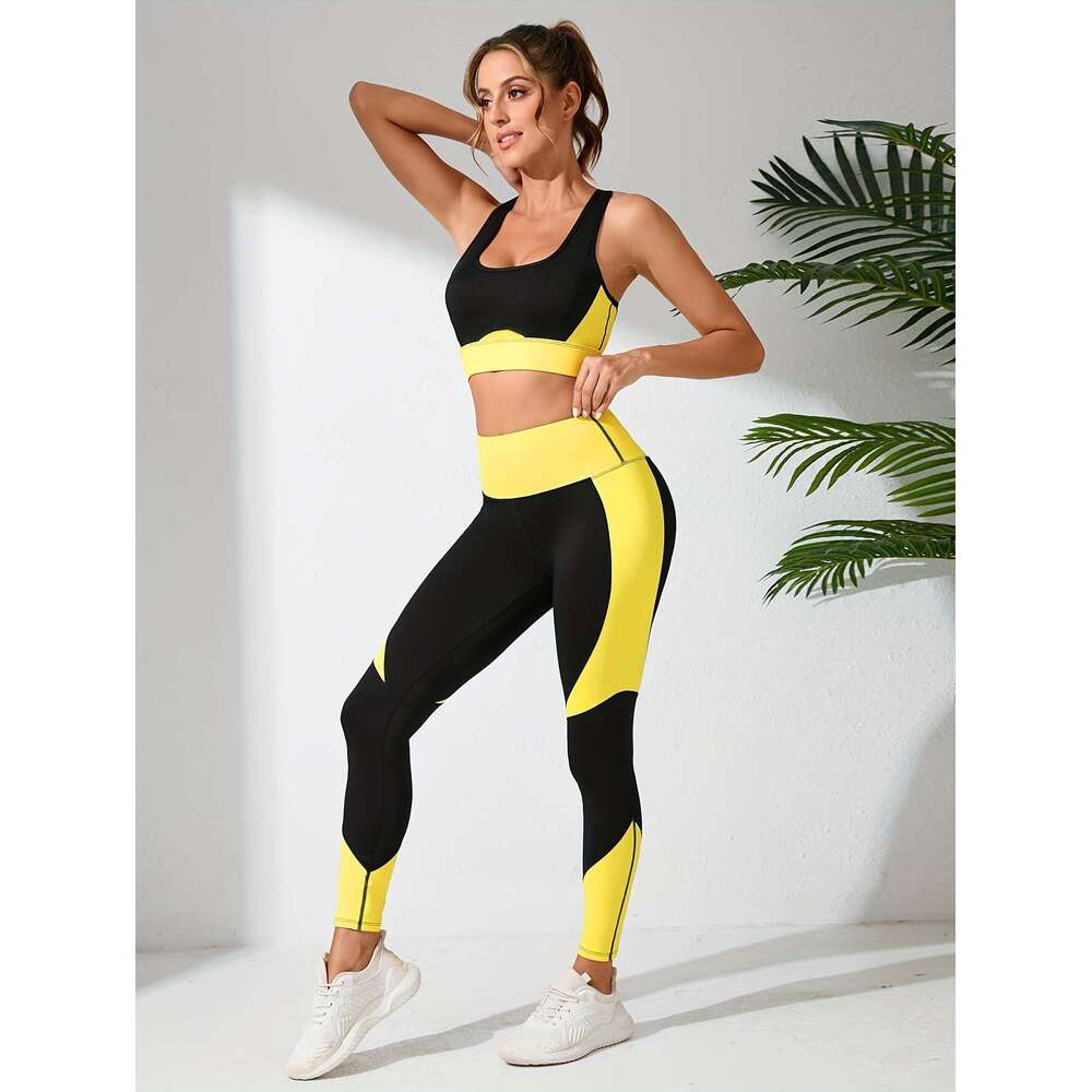 Fiess Training Pants Yoga Bra Set, Waist High Elasticity Hip-lifting Slimming Tight Leggings, Women's Sports Underwear 2pcs Set