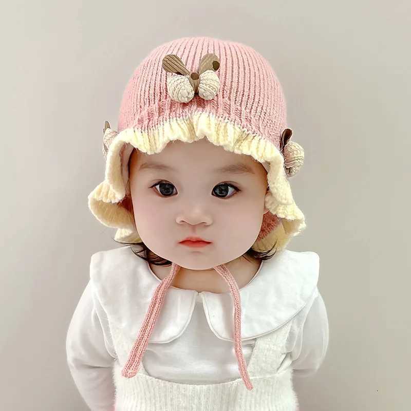 Korean Ruffle Baby Knitted Hat Winter Warm Toddler Ear Protection Cap Cute Solid Color Bow Kids Lacing Hats Bonnet251028