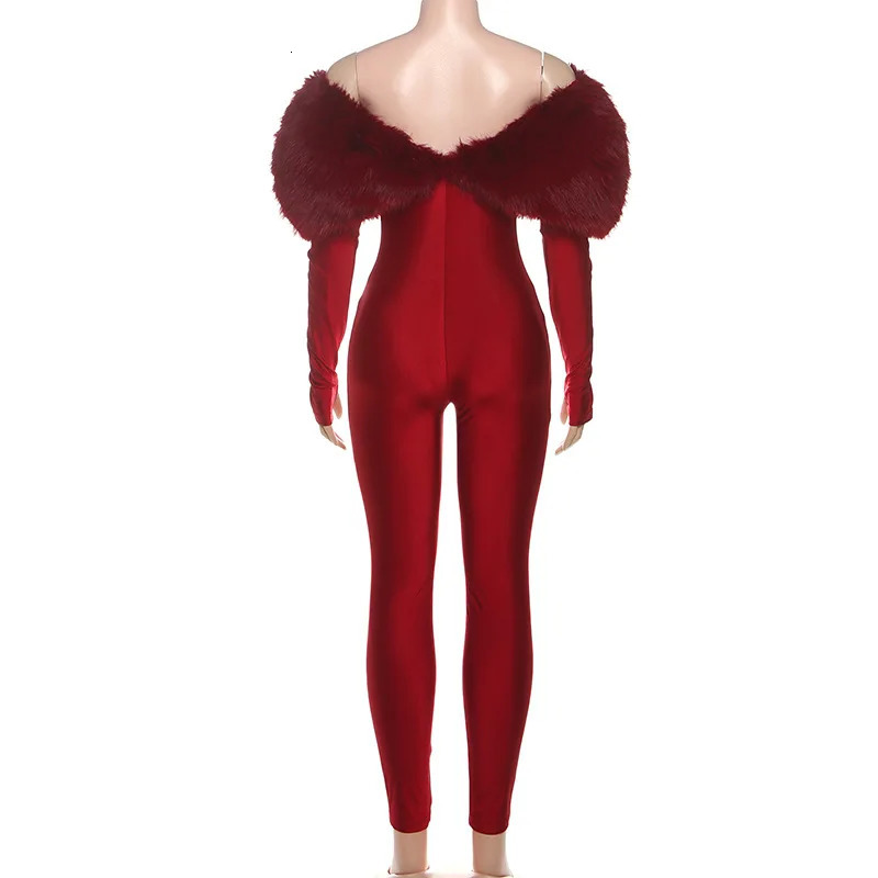 y Faux Fur Patchwork Shiny Jumpsuits Women Fashion Sexy Hollow Out Furry Off Shoulder Long Sleeve Backless Party Overalls 251028