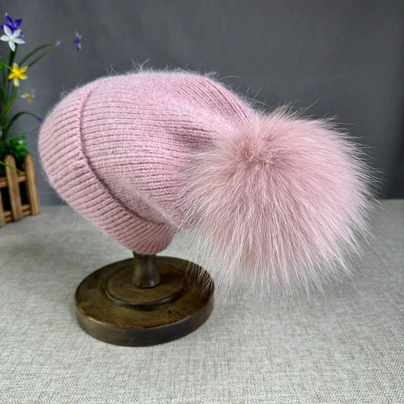 Cllikko Angora fur winter hat For Women children fox fur pompom hats Beanies Big size Bonnet Female Soft Warm Skullies hat 251029