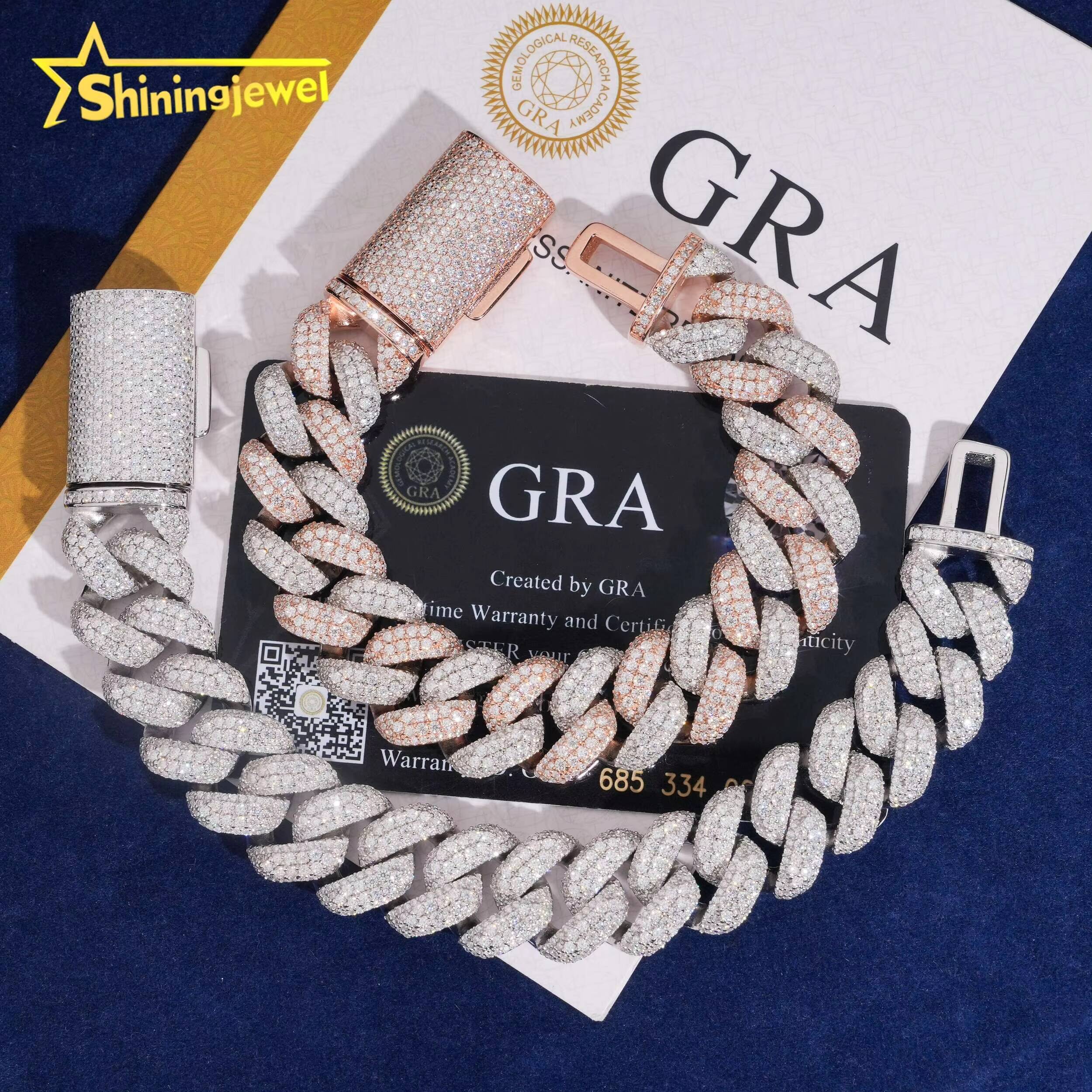Two Tone Silver and Rose Gold Plated Hip Hop Iced Out S925 16mm Moissanite Pass Diamond Test Shining Cuban Link Bracelet