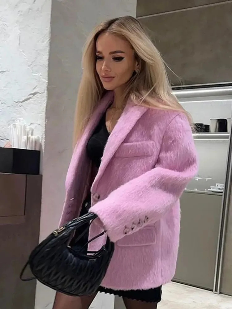 Pink Lapel Woolen Plush Coats Women Elegant Long Sleeve Button Office Lady Blazer Jacket Winter Fashion Packet Loose Coat 251028