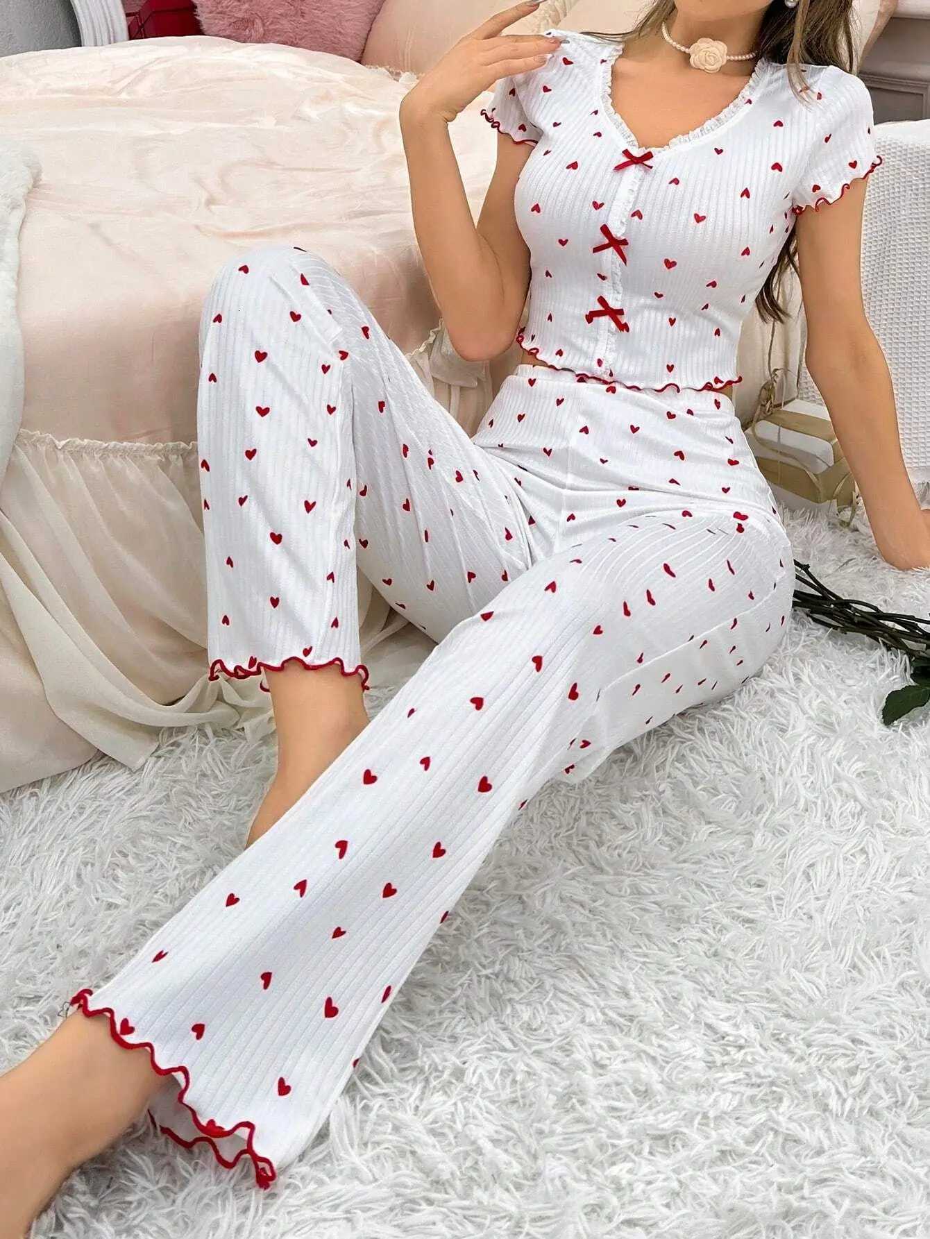 Heart Print Ribbed Frill Trim Pajama Set for Women Sleepwear Knitted VNeck Loose Tops Elastic Long Pants Autumn Winter WearT251029