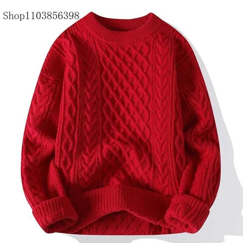 Mens Autumn Winter Round Neck Red Sweater Man Loose Casual Knitted Top Solid Winter Knitwear Male Outwear Solid 3XL Christmas J251029