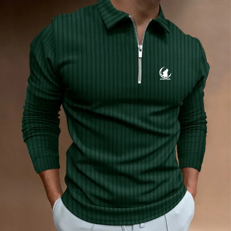 Men Clothes Long Sleeve Zipper Stripe Polo Shirt Casual Tops Fashion Slim Sport 251016
