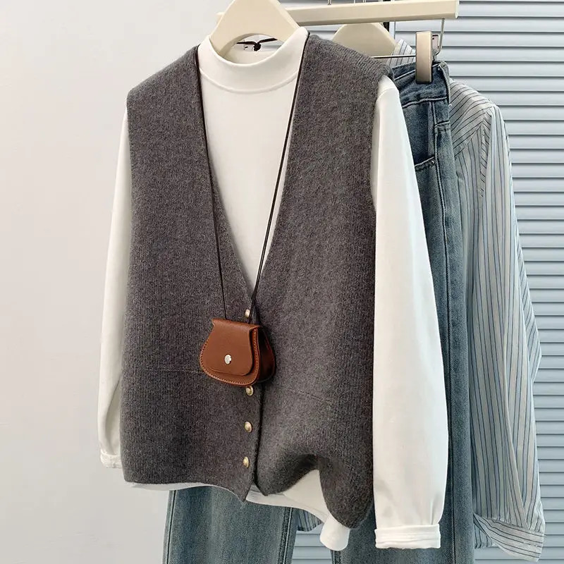 Womens Soft Knitted Vest Women Casual Button deep VNeck Sleeveless Fall Cardigan stylish Simple Tank Tops Loose Knitwear Coats 251029