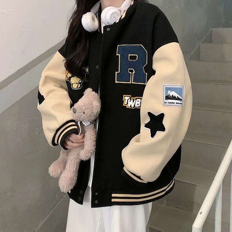 Retro Fleece Lined Baseball Jacket Womens Loose Fit Autumn Winter Style Student American Vintage Sweatshirt Jacket 251029