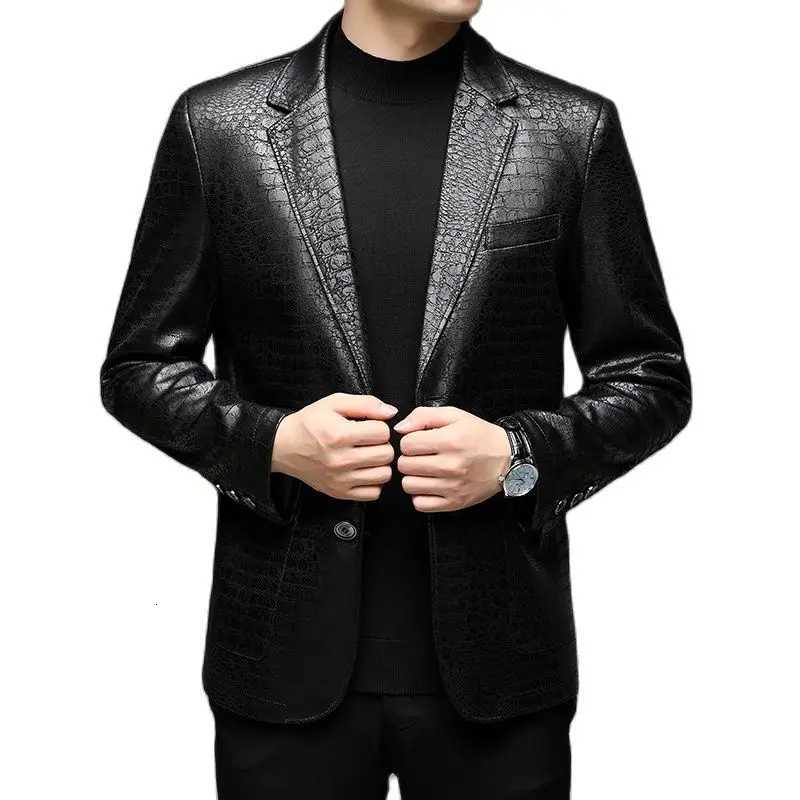 Mens Casual Spring Autumn Vintage Soft Faux Leather Jackets Male Classic Slim Fit Crocodile Pattern Suit Black Blazers CoatsT251029