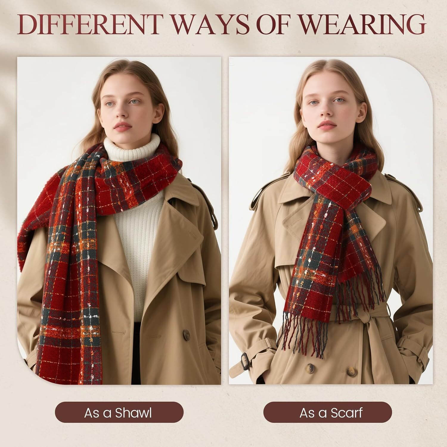 Custom Womens Winter Scarf, Cashmere Feel Plaid Scarfs for Women, Soft Pashmina Shawls and Wraps, Long Blanket Scarf