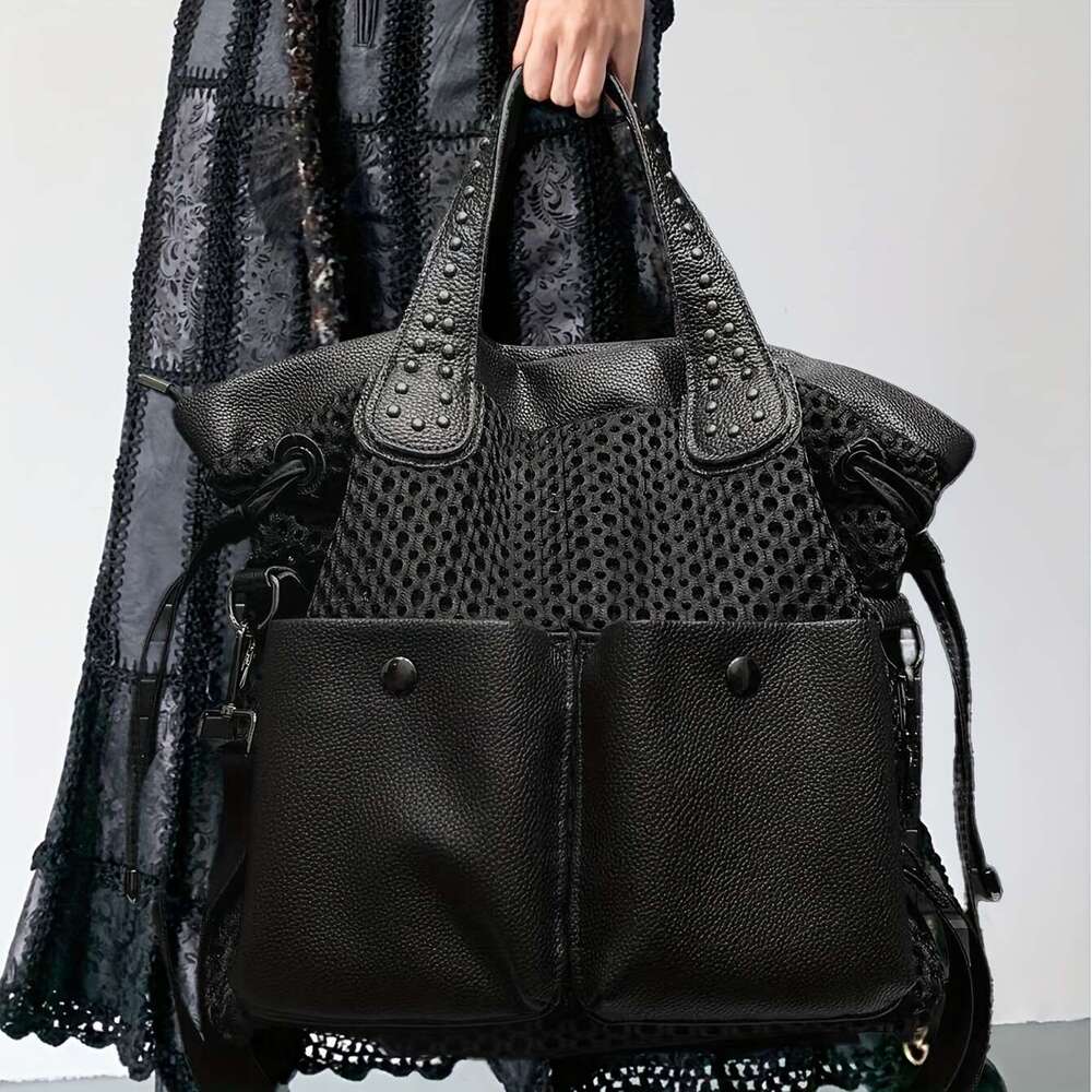 Stylish Women Large Capacity With Mesh Panel Rivet Accents Convertible To Crossbody Bag, Durable Nylon, Multi Front Pocket