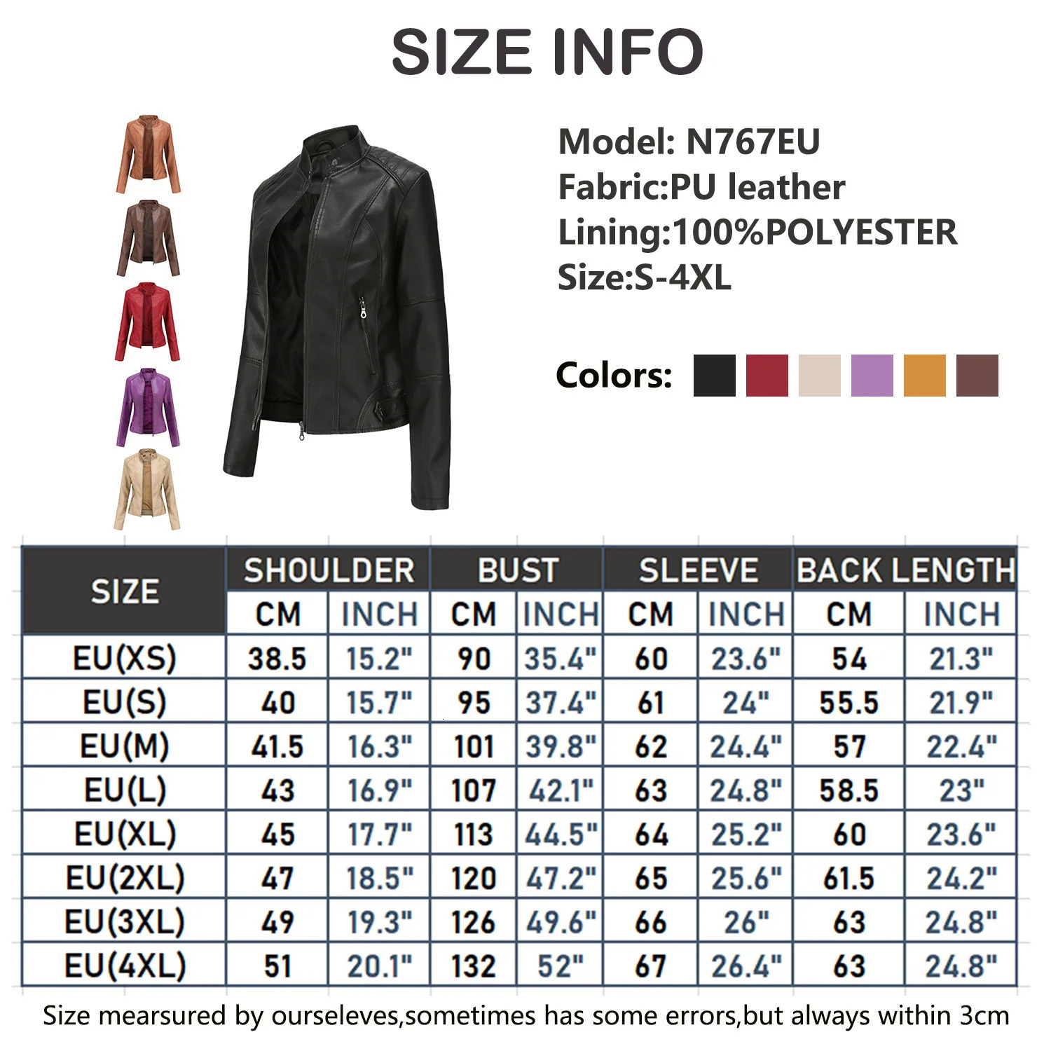 Womens Slim Fit Leather Jacket with Motorcycle Suit Large Standing Collar Autumn Black zipper outdoor leather top 251029